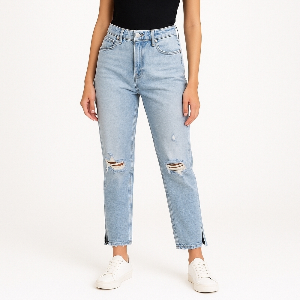 Nature Denim High Rise Mom Jeans Light Wash Distressed Raw Hem Size 9